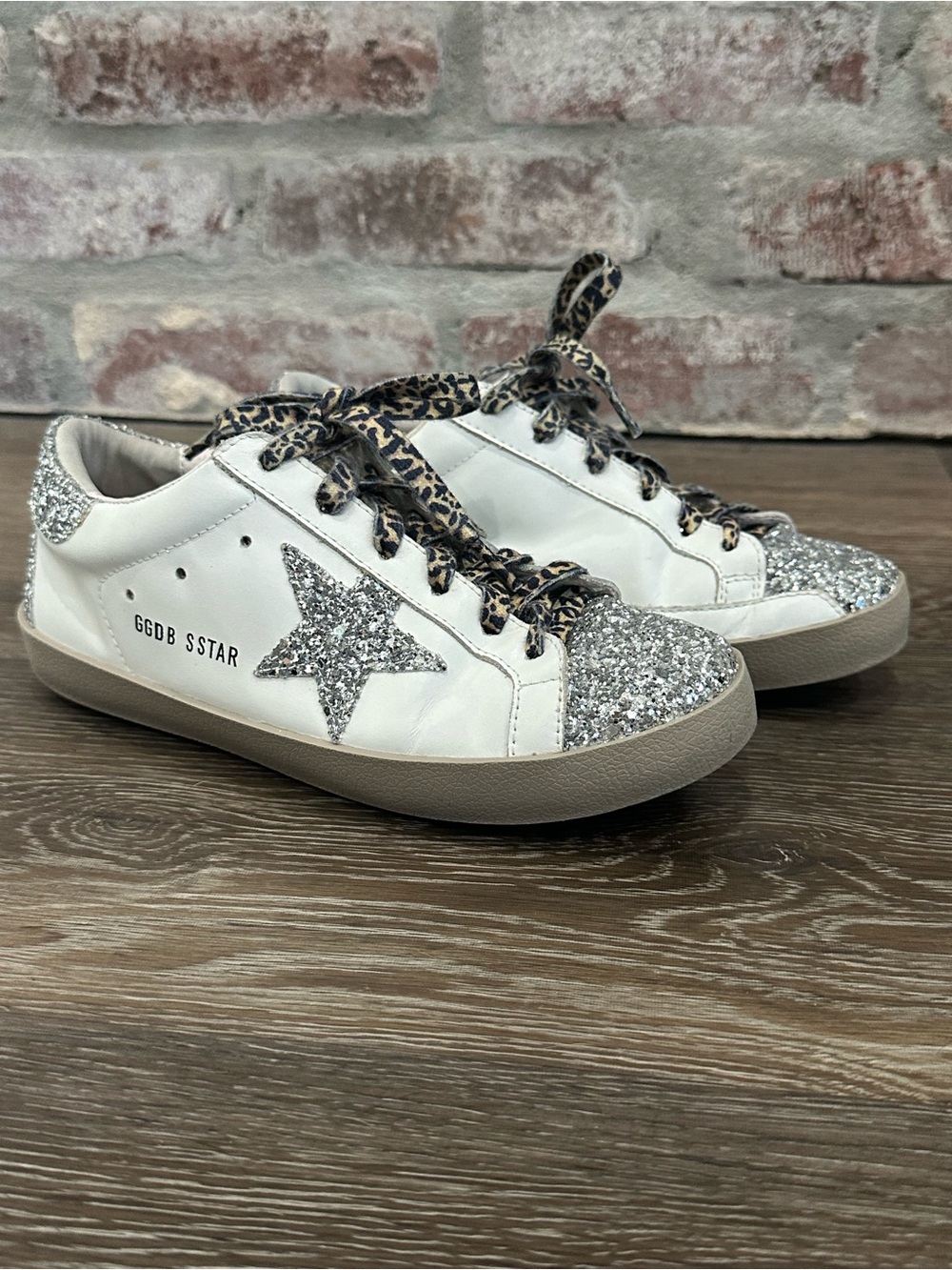 Golden Goose Super-Star Silver Glitter Leopard Laces Sneakers White Leather 6.5